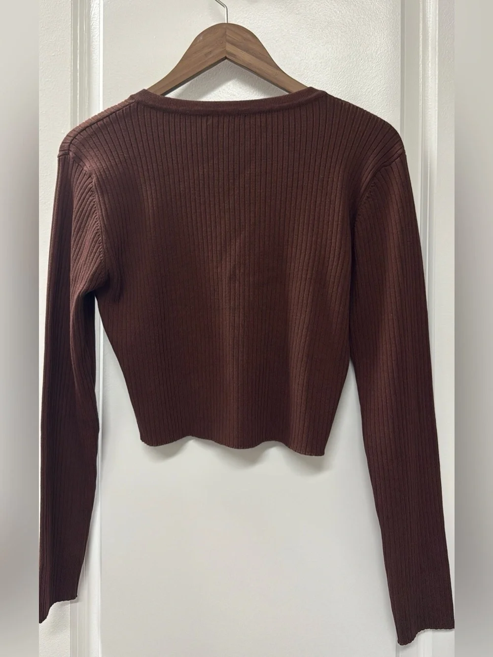Fashion Nova Brown Ribbed Button-Front Long Sleeve Crop Top/Cardigan